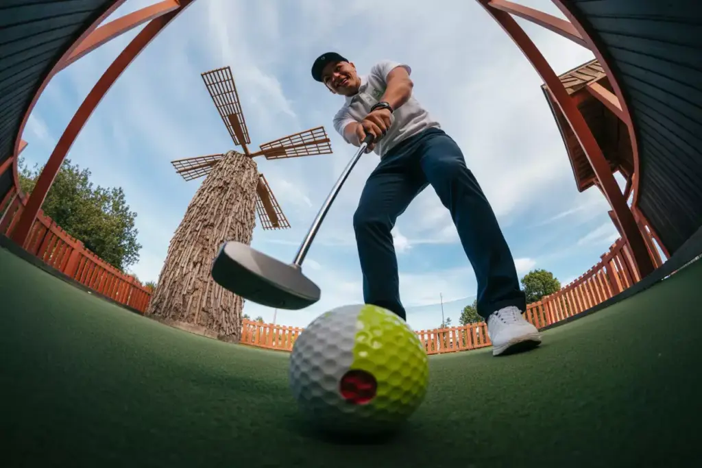 Worms Eye View Of Golf Ball Player And Towering Windmill Obstacle