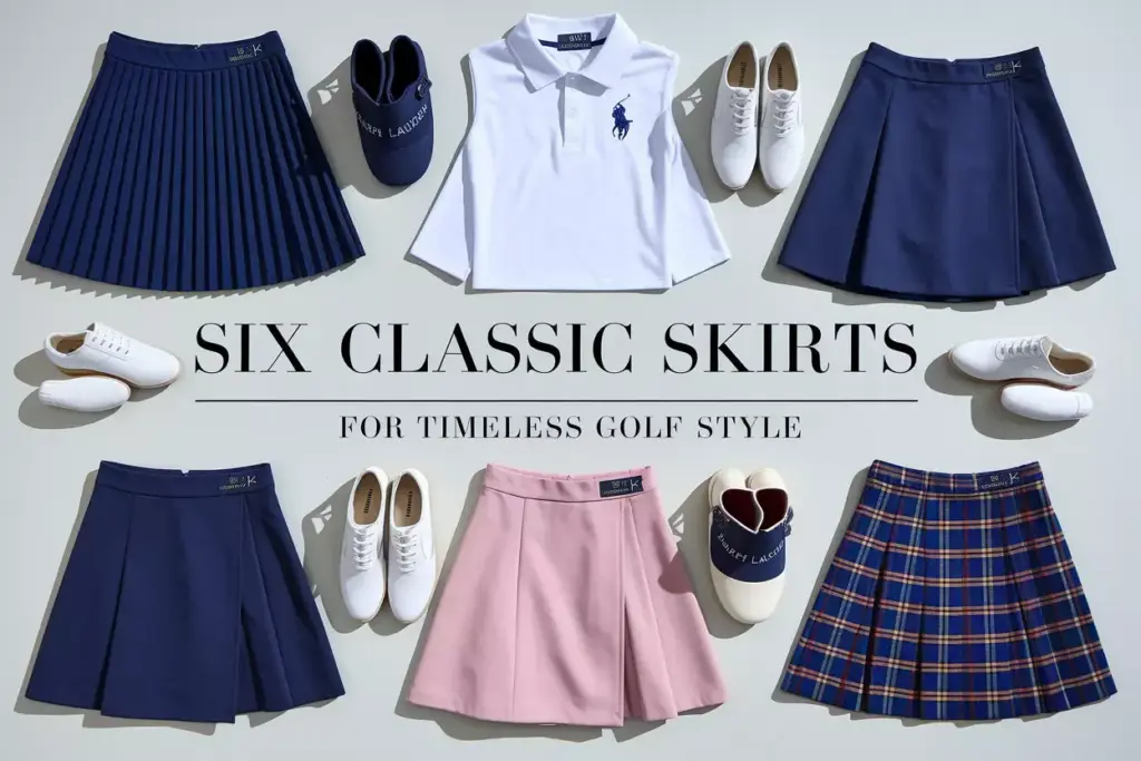 Six ralph lauren golf skirts arranged in classic prep style flat lay