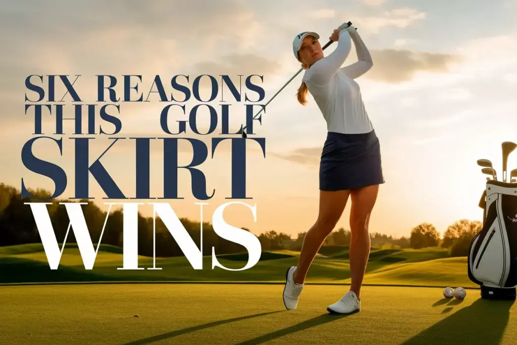 Modern female golfer mid swing wearing navy malbon skirt on fairway