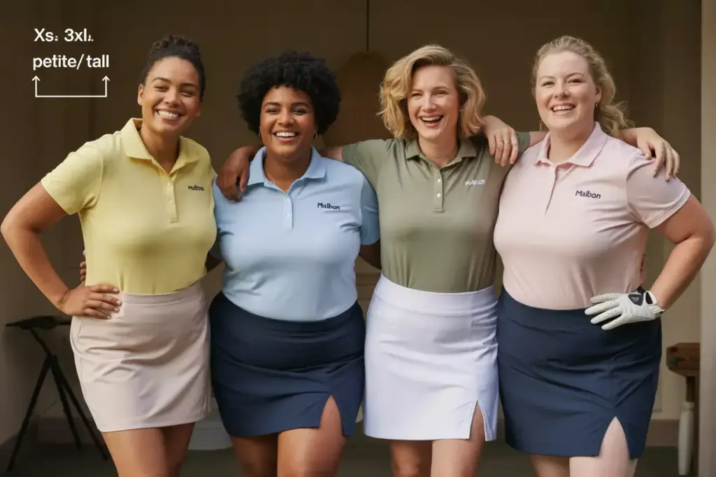 Diverse women different sizes wearing malbon golf skirts