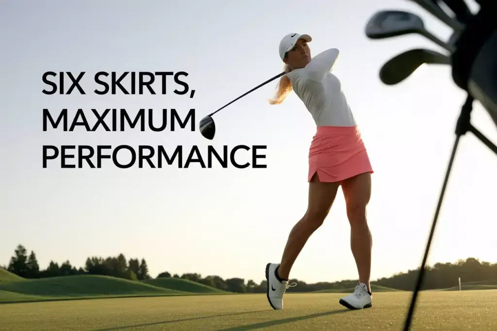 Confident female golfer in performance skirt mid swing on fairway