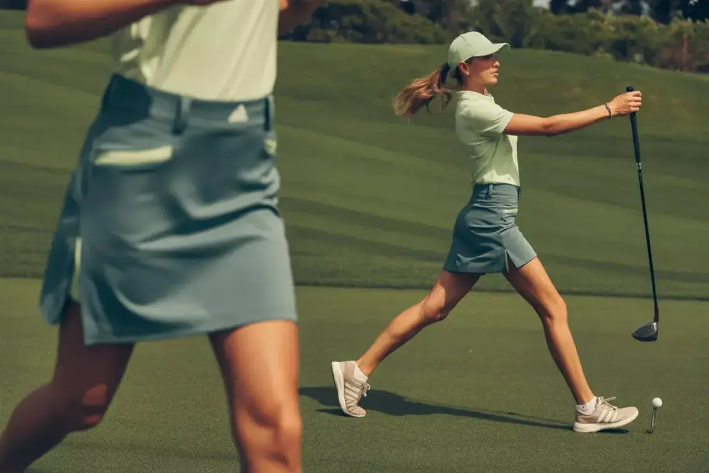Adidas primegreen recycled golf skort model swinging on fairway