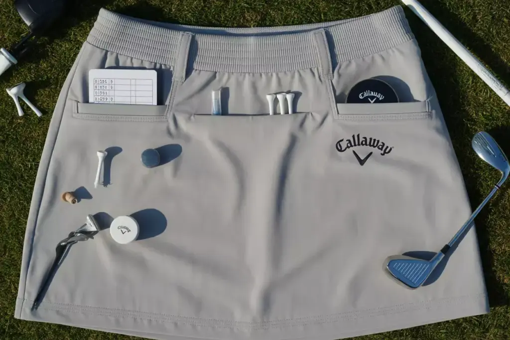 Callaway opti dri golf skort flat lay with tees ball marker pocket