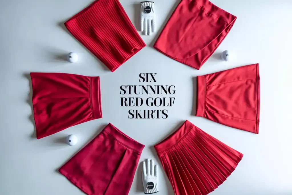Six distinct red golf skirts flat lay on white background with accessories