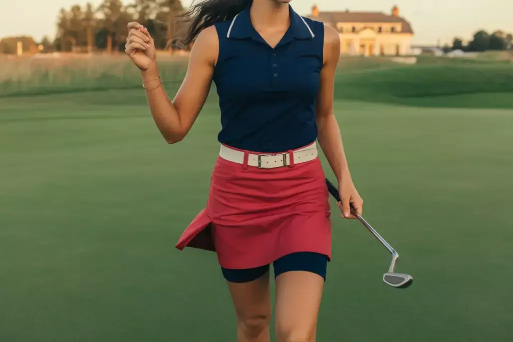 Bold mini red golf skirt with compression shorts on putting green