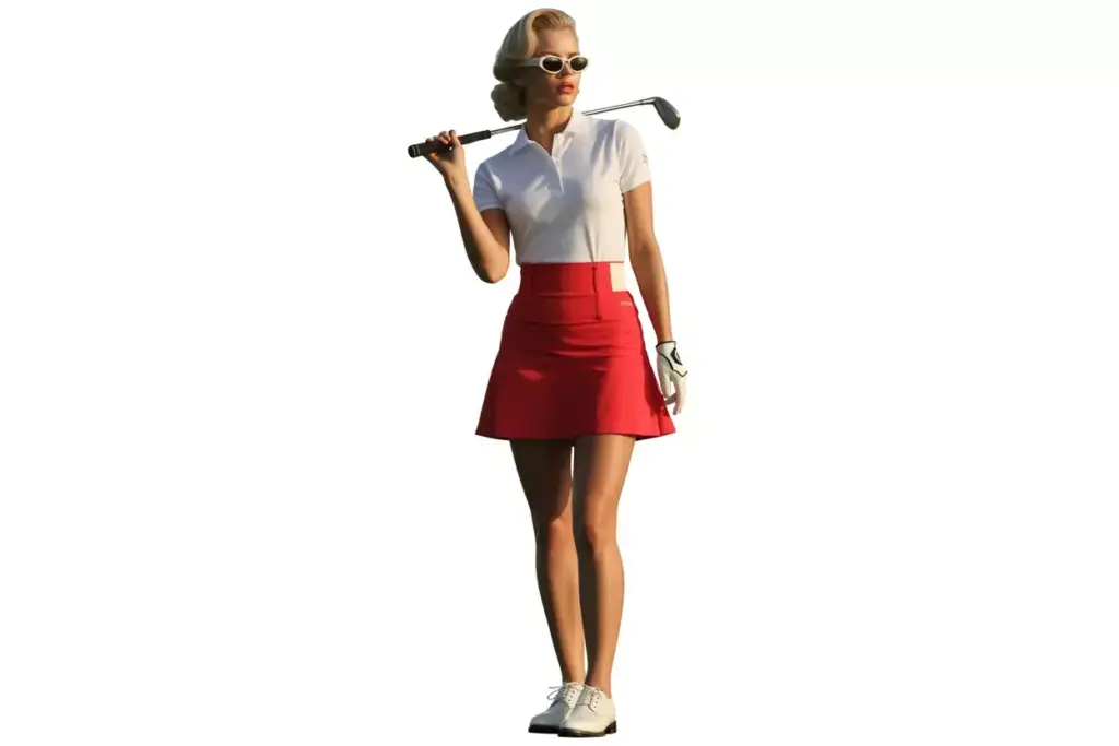 High waisted red golf skirt retro silhouette on tee box