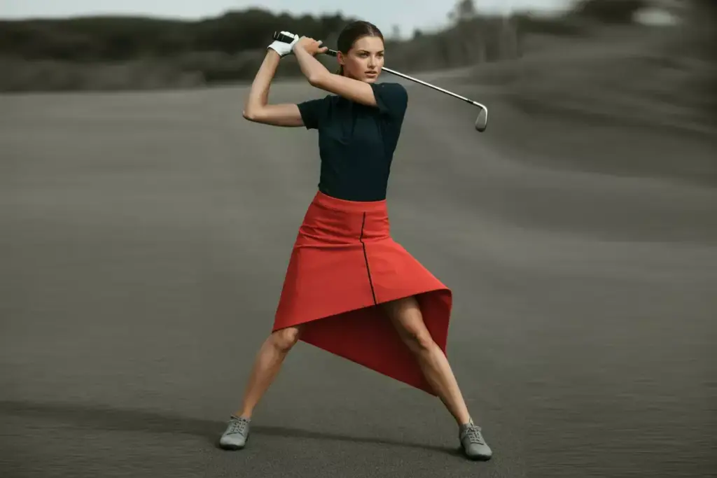 Asymmetrical red golf skirt diagonal hem in swing motion