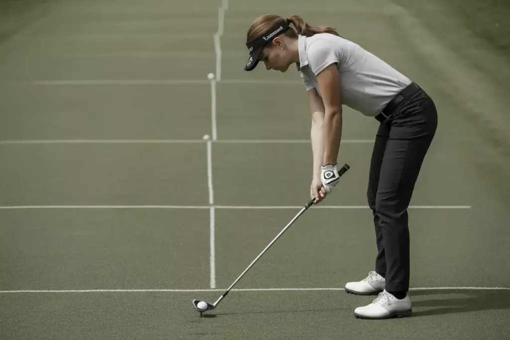 Female Golfer Demonstrating Proper Overlapping Grip And Aligned Stance On Practice Mat