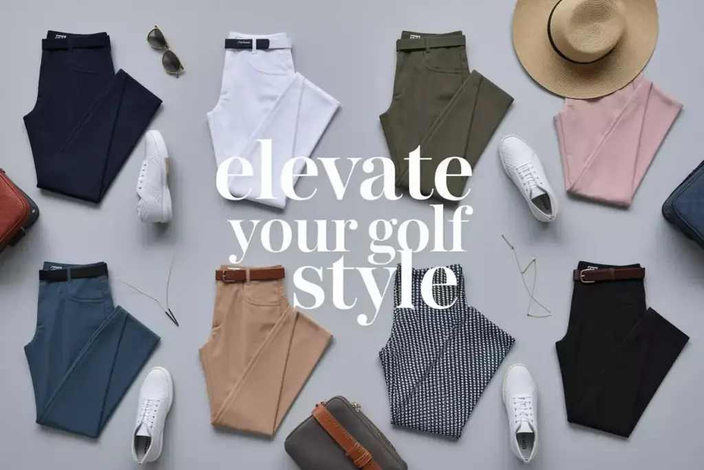 Sophisticated womens golf pants outfits flat lay wardrobe grid
