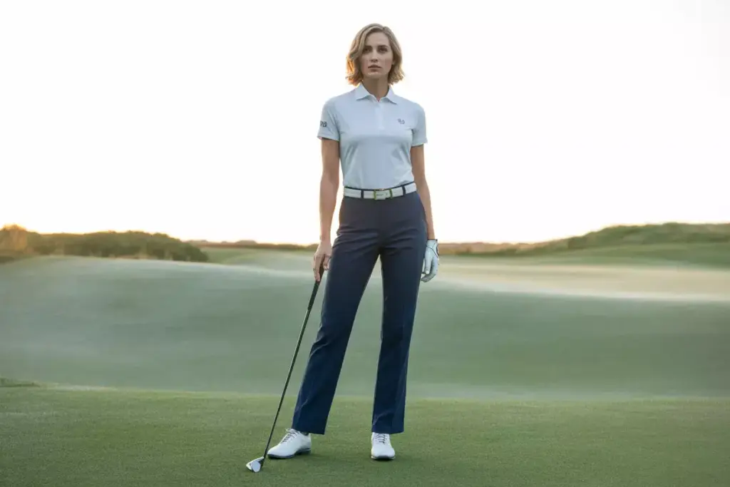 Elegant woman navy golf pants white polo course morning