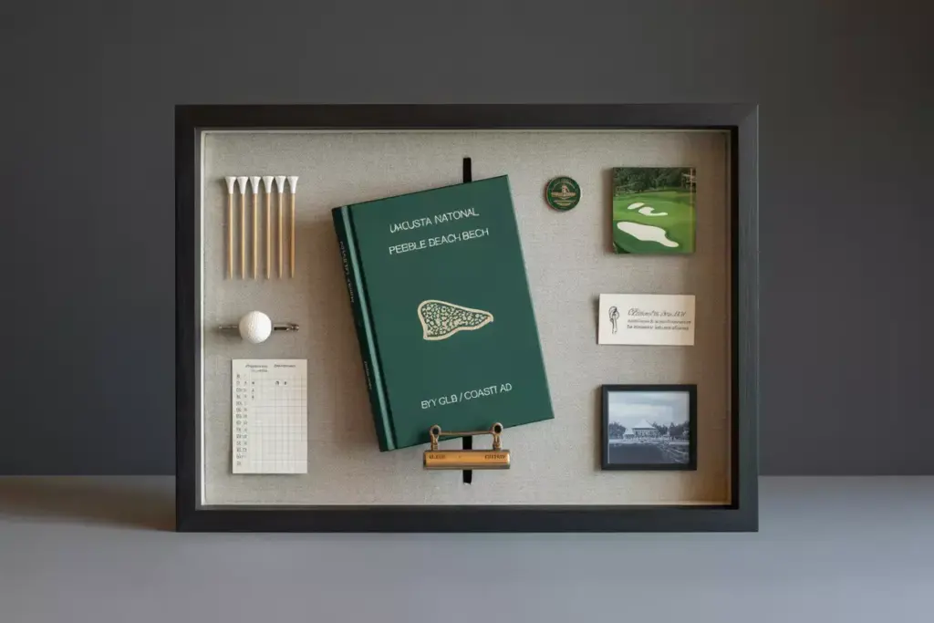 Shadow Box Display With Yardage Book Golf Tees Scorecard And Memorialia On Fabric Background