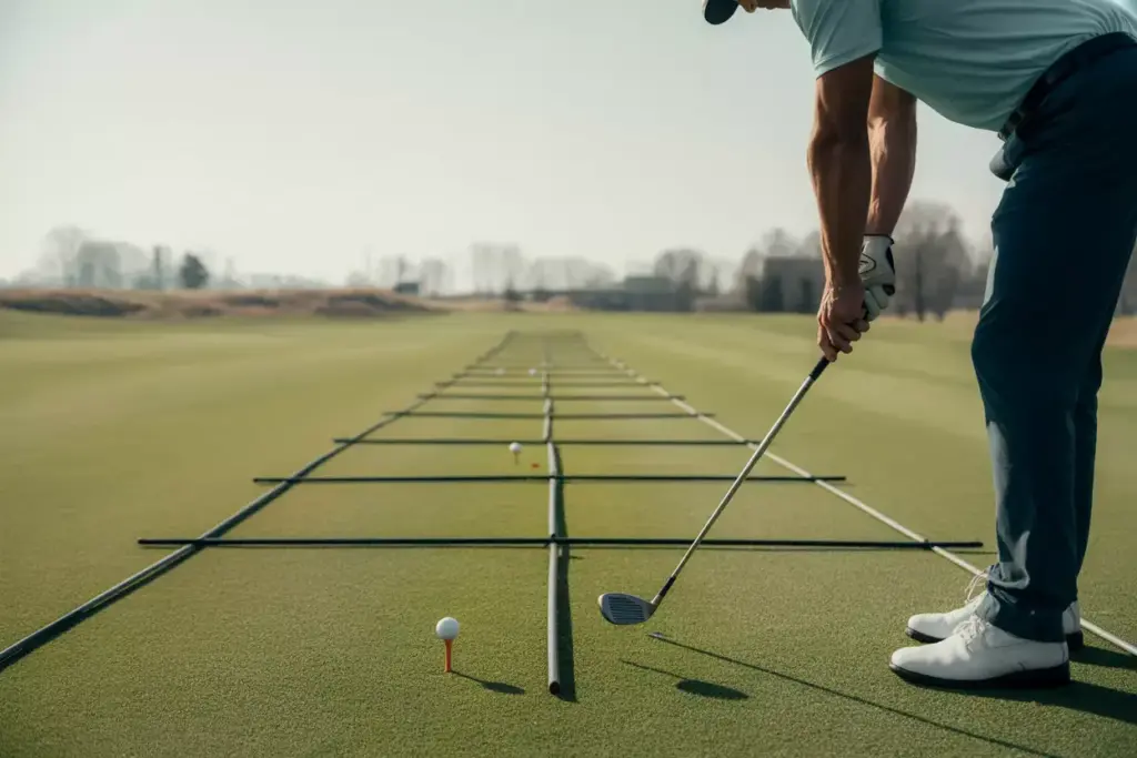 The Alignment Stick Foundation Drill Golfer Setting Up With Parallel And Perpendicular Alignment Sticks On Driving Range