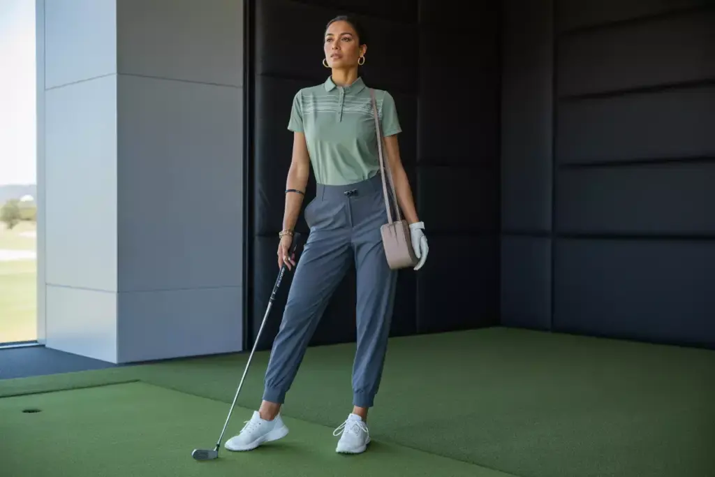 The Athleisure Enthusiast In A Sage Green Polo Navy Joggers And White Sneakers At An Indoor Golf Simulator