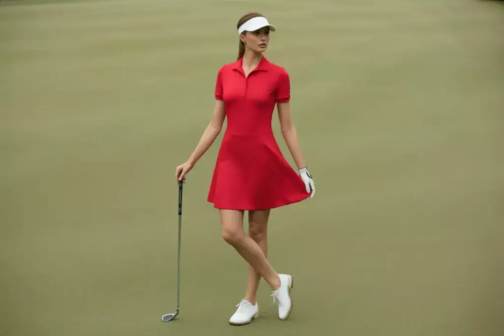 Traditional red a line golf dress with crew neck white shoes