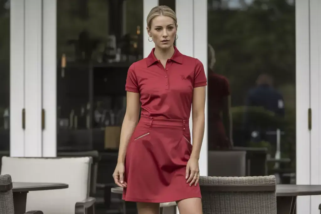 Red polo collar golf dress side pockets clubhouse setting