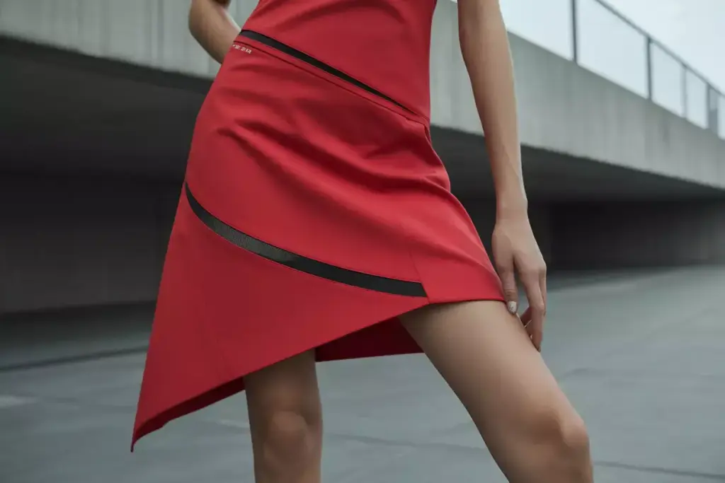 Modern red asymmetrical hem golf dress architectural details