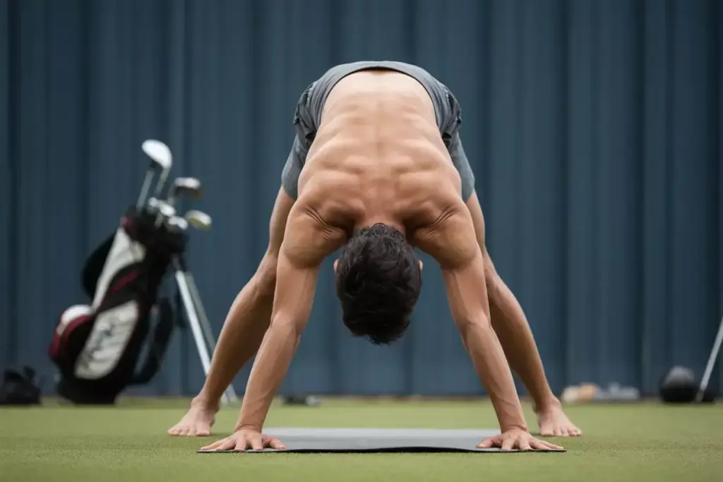 A Golfer In Downward Facing Dog Pose Stretching Hamstrings And Shoulders Near Golf Bag