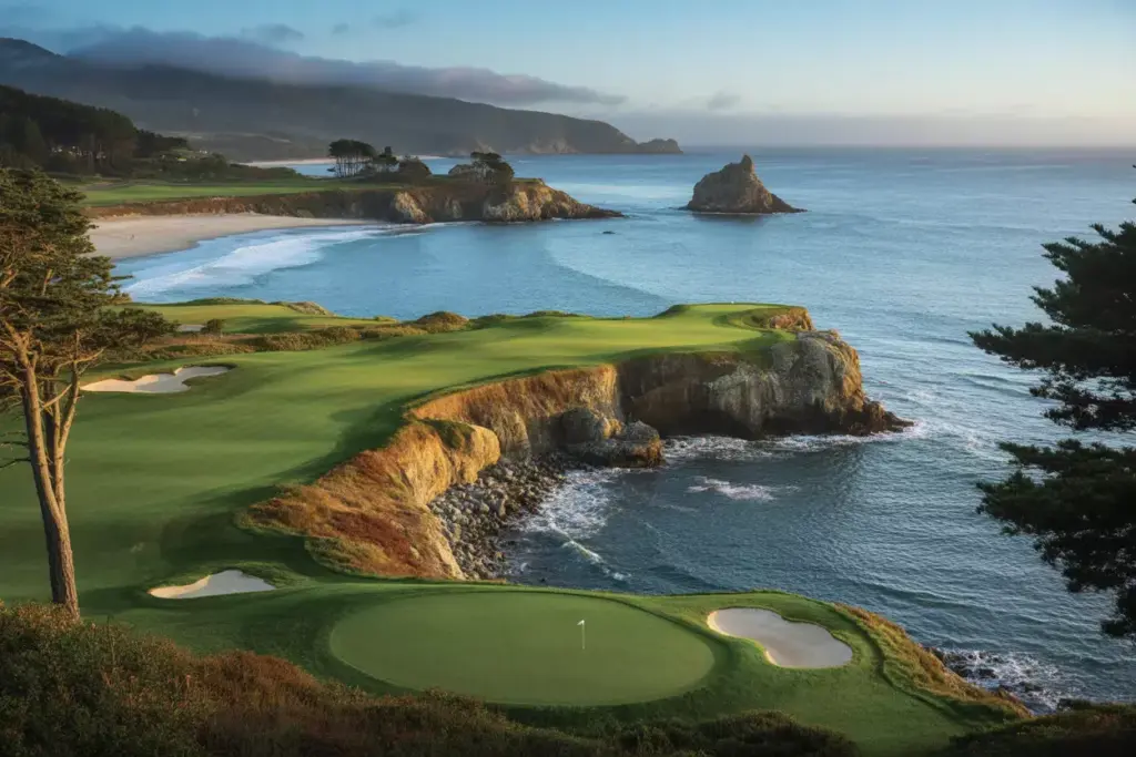 Aerial View Pebble Beach Pacific Ocean Cliff Top Fairways Drama