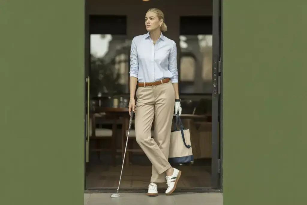 The Classic Casual Look With A White Button Down Khaki Chinos And Loafers In A Golf Lounge
