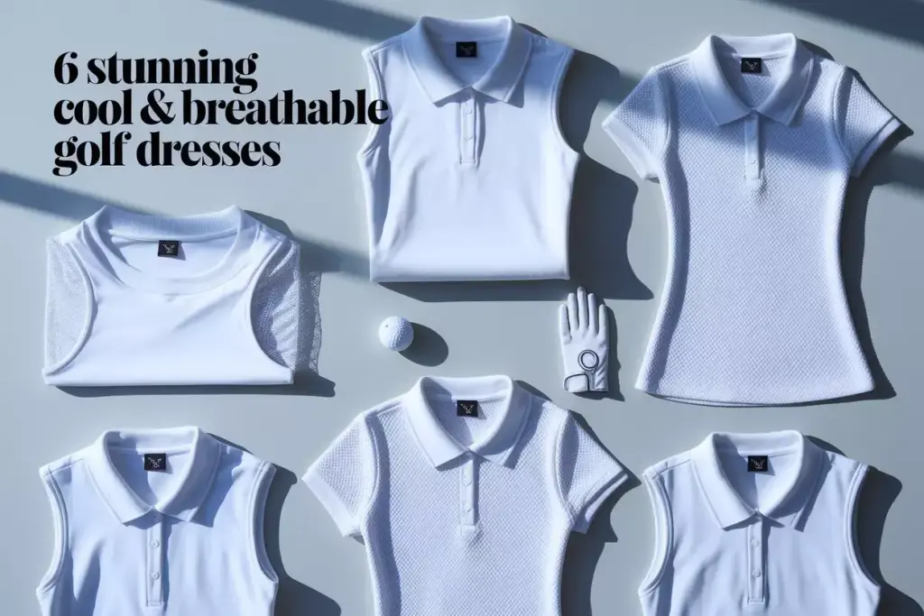 Six white golf dresses flat lay showcase on light background