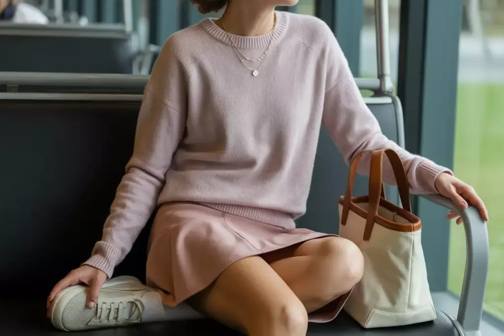 The Cozy Comfort Outfit Featuring An Oatmeal Sweater Golf Skort And Slip On Sneakers Indoors