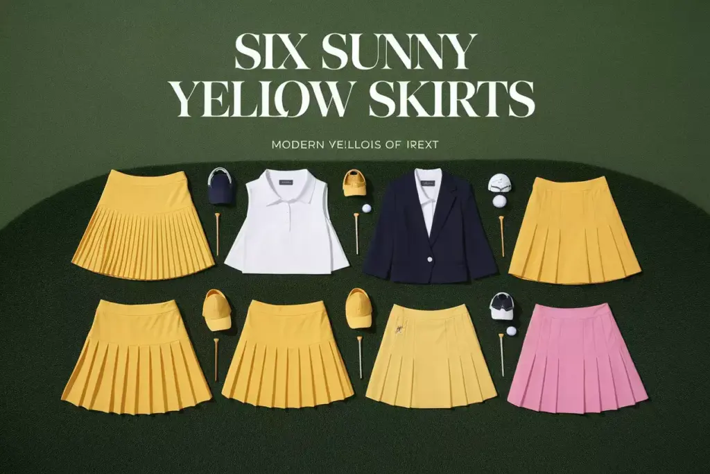 Six sunny yellow golf skirts flat lay on emerald green putting green