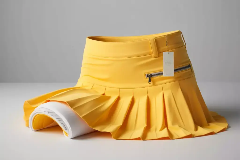 The classic pleated yellow golf skirt laid flat showcasing knife pleats