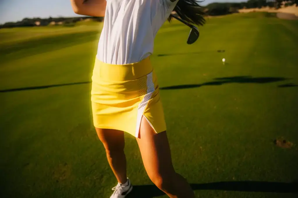Golfer mid swing wearing high waist yellow performance skirt