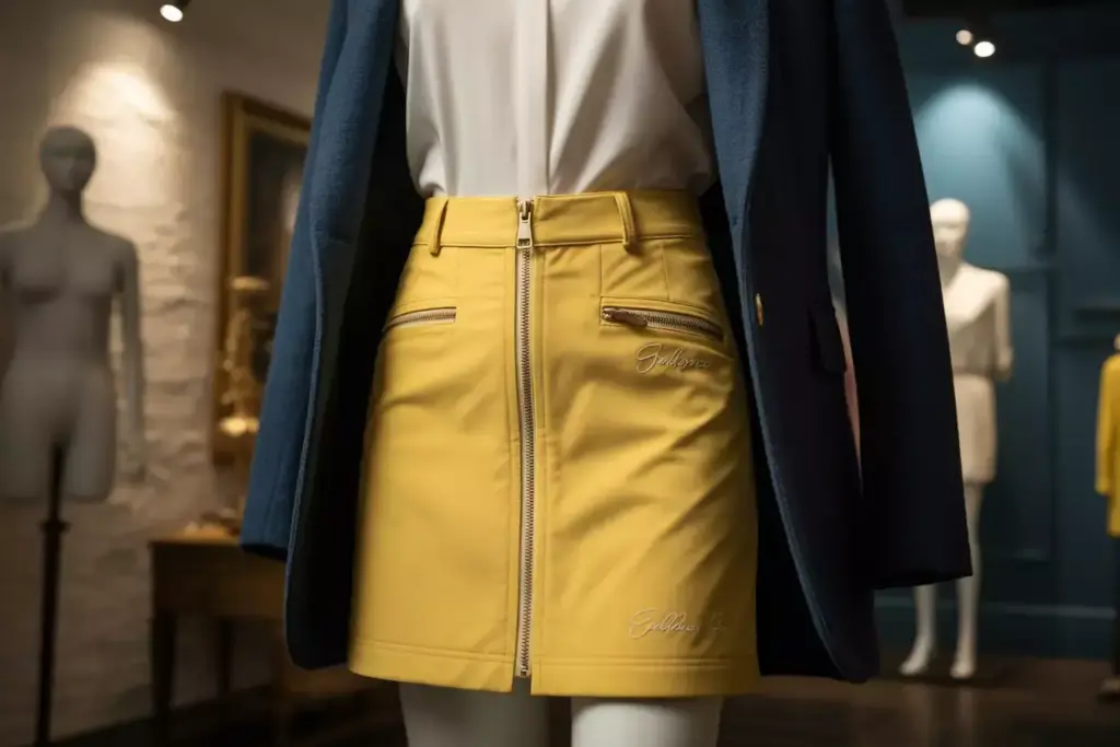 Luxury yellow golf skirt with gold zipper on mannequin