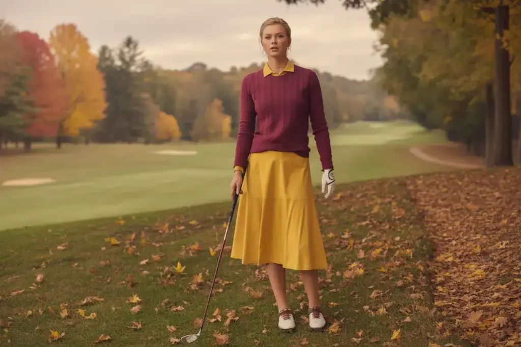 Golfer in yellow skirt with burgundy sweater autumn fairway