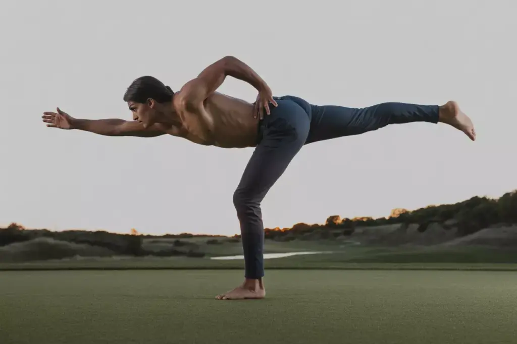 A Golfer Holding Warrior Iii Pose For Dynamic Balance And Single Leg Stability On Green