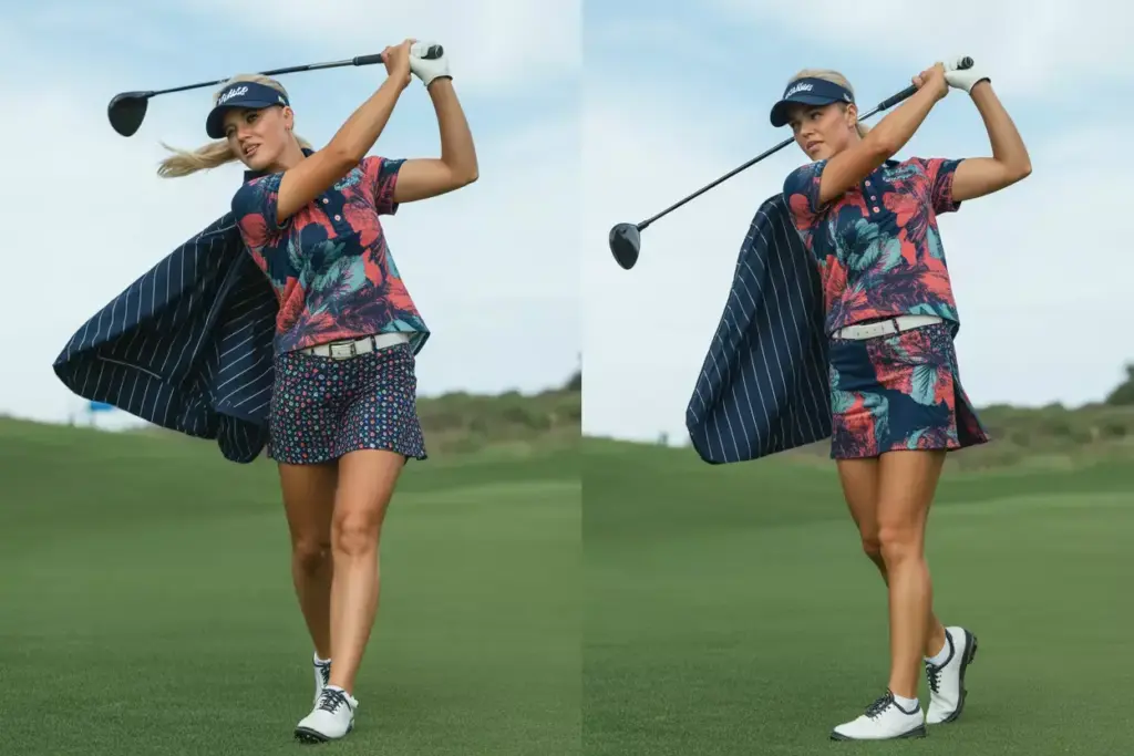 Confident golfer mid swing floral print polo patterned shorts fairway action