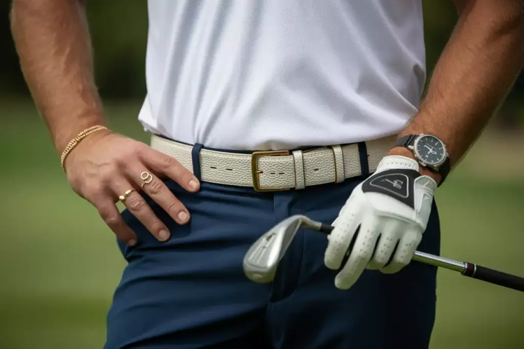 Close up golfer accessories wide belt stacked rings watch coordinated bag