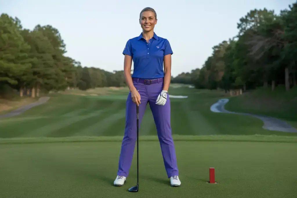 Confident golfer portrait perfect fit blue polo tailored pants tee box