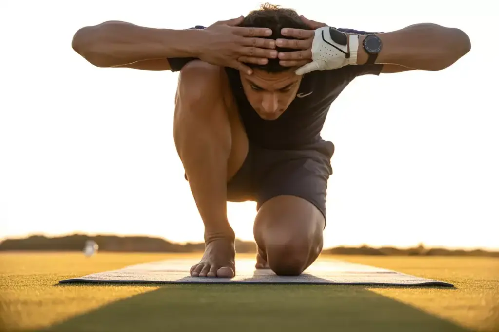 A Golfer In Deep Low Lunge With Arms Overhead Stretching Hip Flexors On Mat