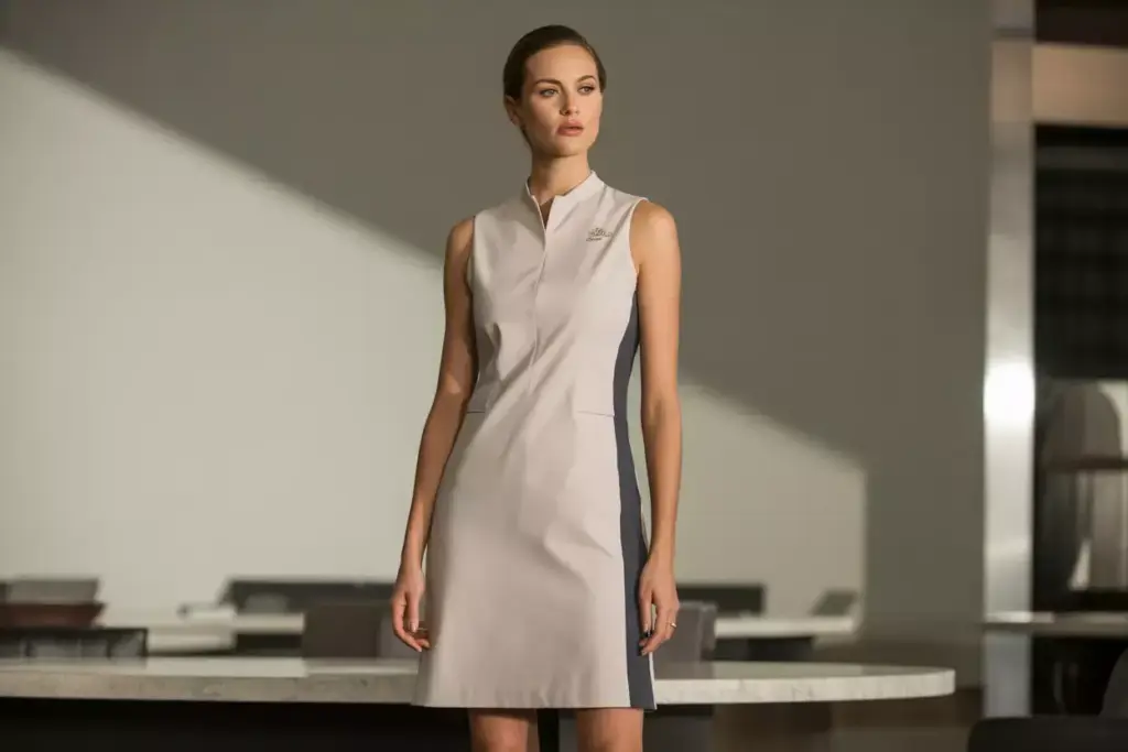 Sophisticated sleeveless sheath dress with contrast panels