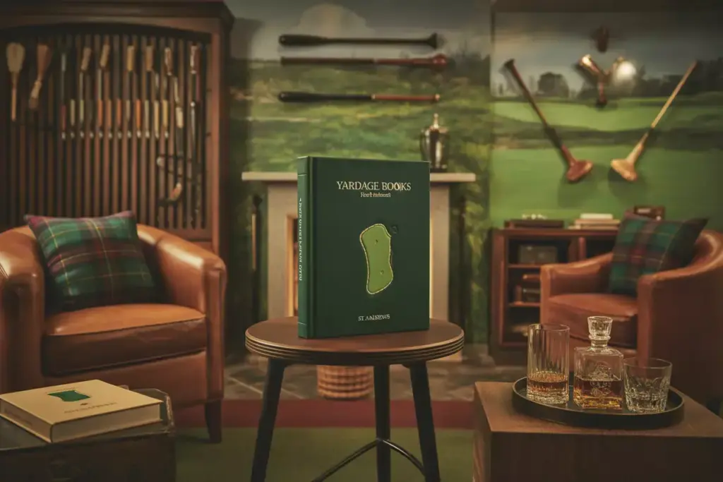 Scottish Links Themed Room With Yardage Book Tartan Pillows And Whisky Decanter