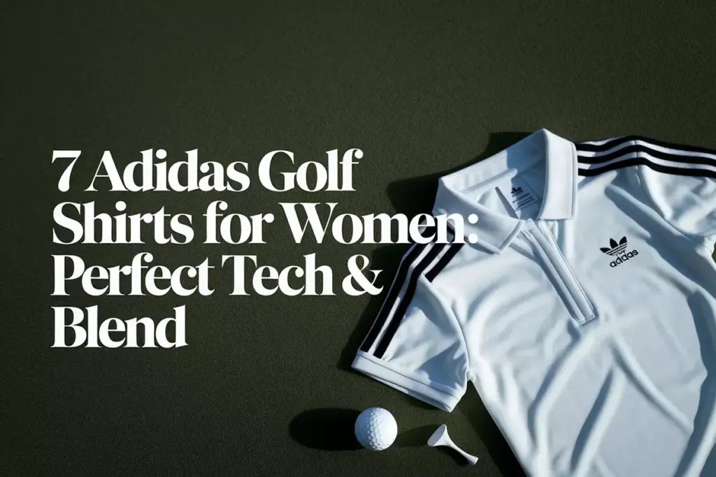 Adidas womens golf polo on manicured fairway with golf ball tee flat lay
