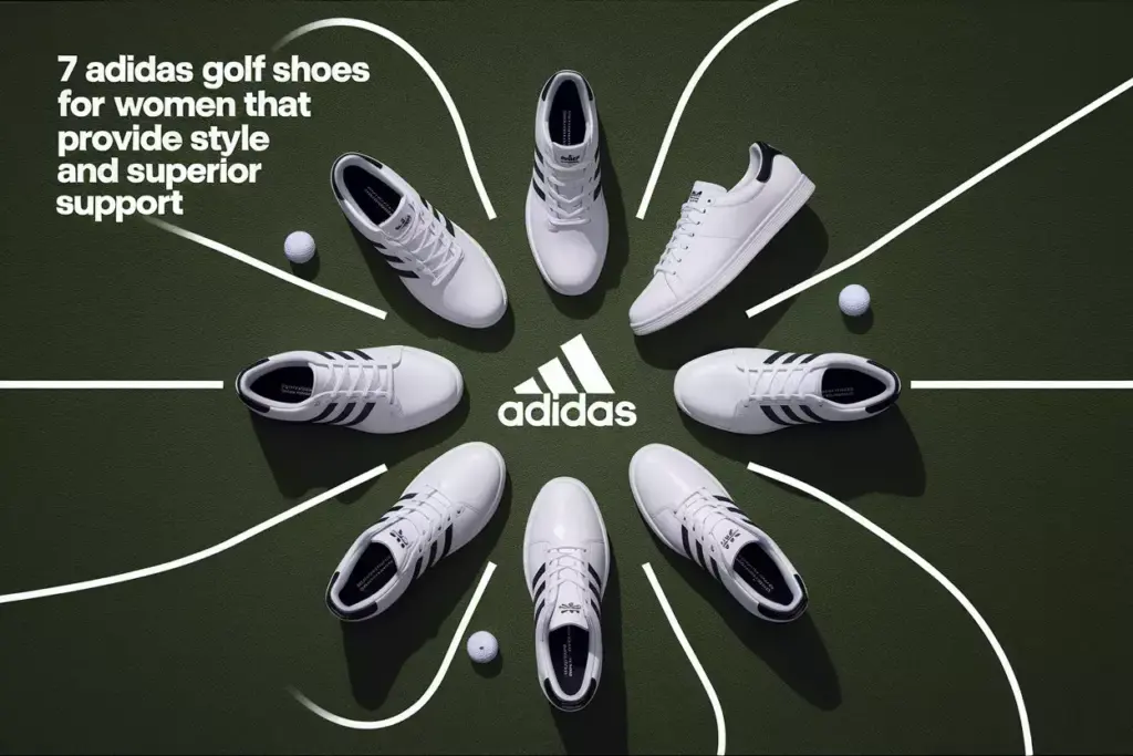 Seven adidas womens golf shoes on putting green modern flat lay