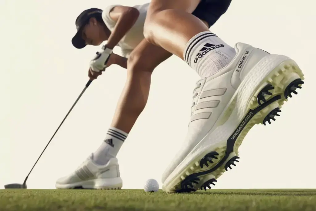 Womans feet in white adidas tour360 golf shoes during powerful swing follow through