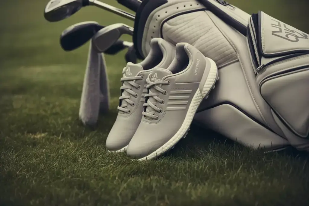 Minimalist adidas zg21 golf shoes at rest beside golf bag after round