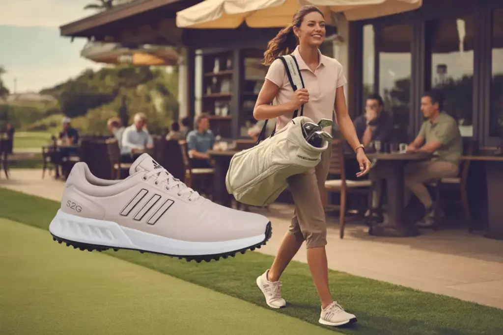 Woman transitioning from golf course to cafe in versatile adidas s2g shoes