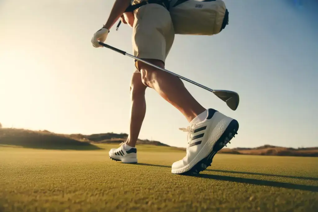 Golfer walking sunlit fairway in lightweight breathable adidas solarthon shoes