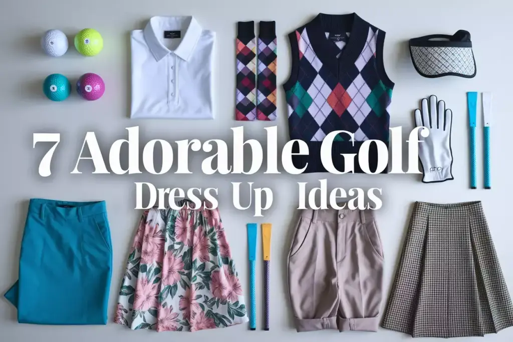 Seven themed golf outfits flat lay on light background for tournament planning