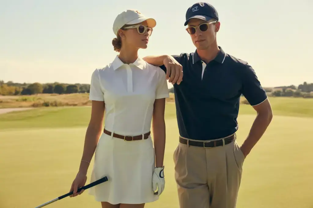 Two golfers in classic elegant attire on fairway at sunset