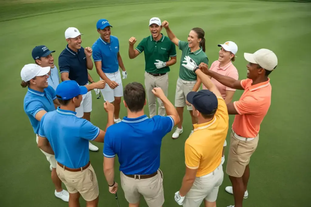 Three teams in color coordinated outfits celebrating on green