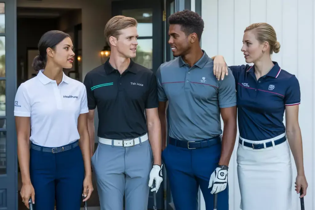 Three professional golfers in theme specific attire at clubhouse