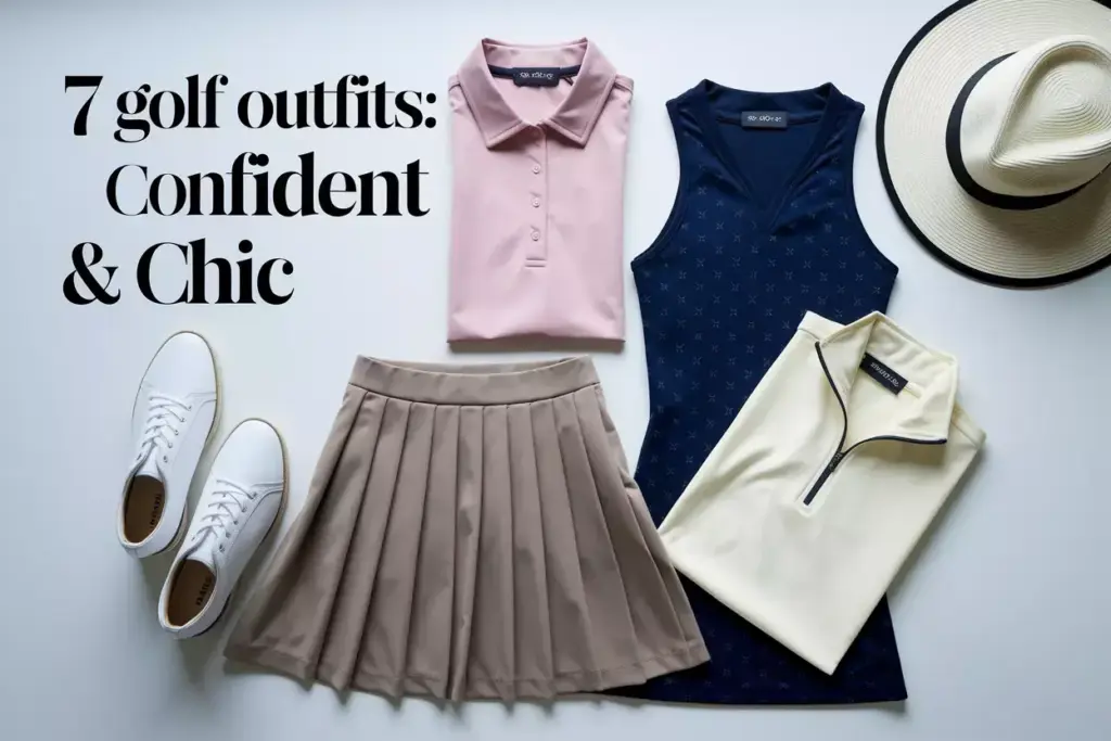 Seven curated womens golf apparel pieces flat lay on light background