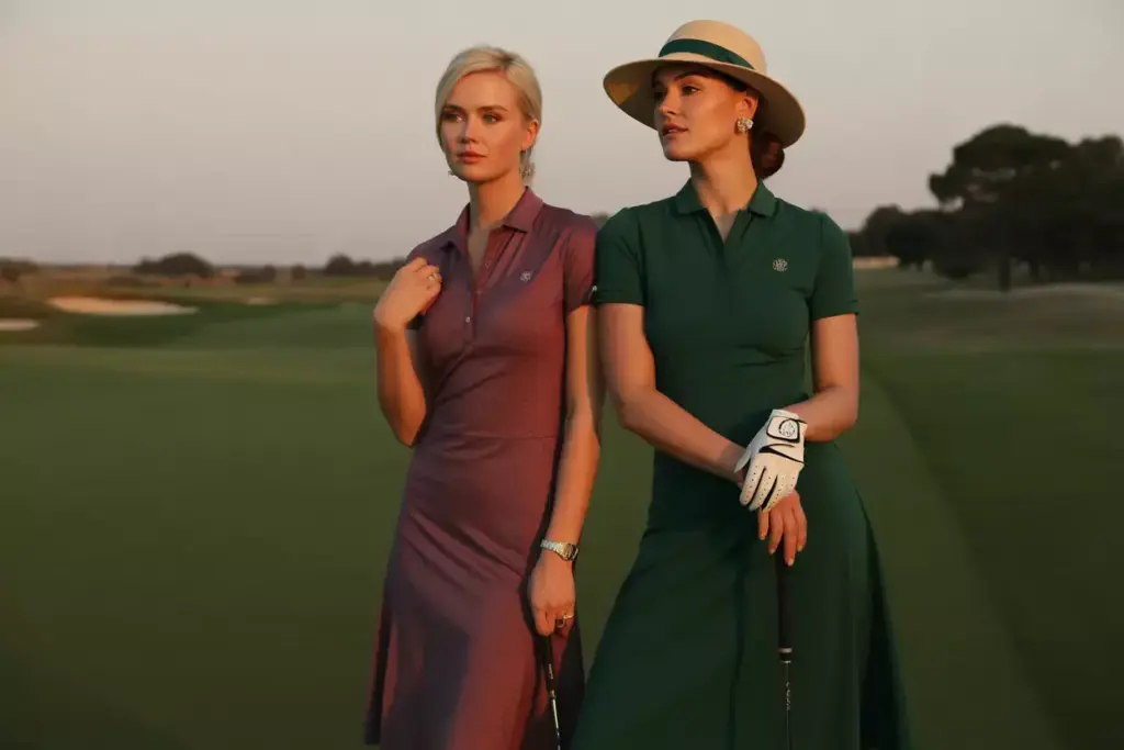 Burgundy midi golf dress with hat golden hour tournament