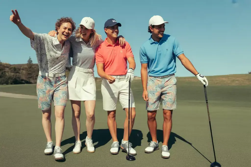 Bright printed golf shorts and casual polo weekend fun